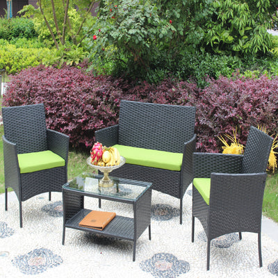 4 PC Rattan Patio Furniture Set Outdoor Cushioned Wicker Sofa Green Cushion