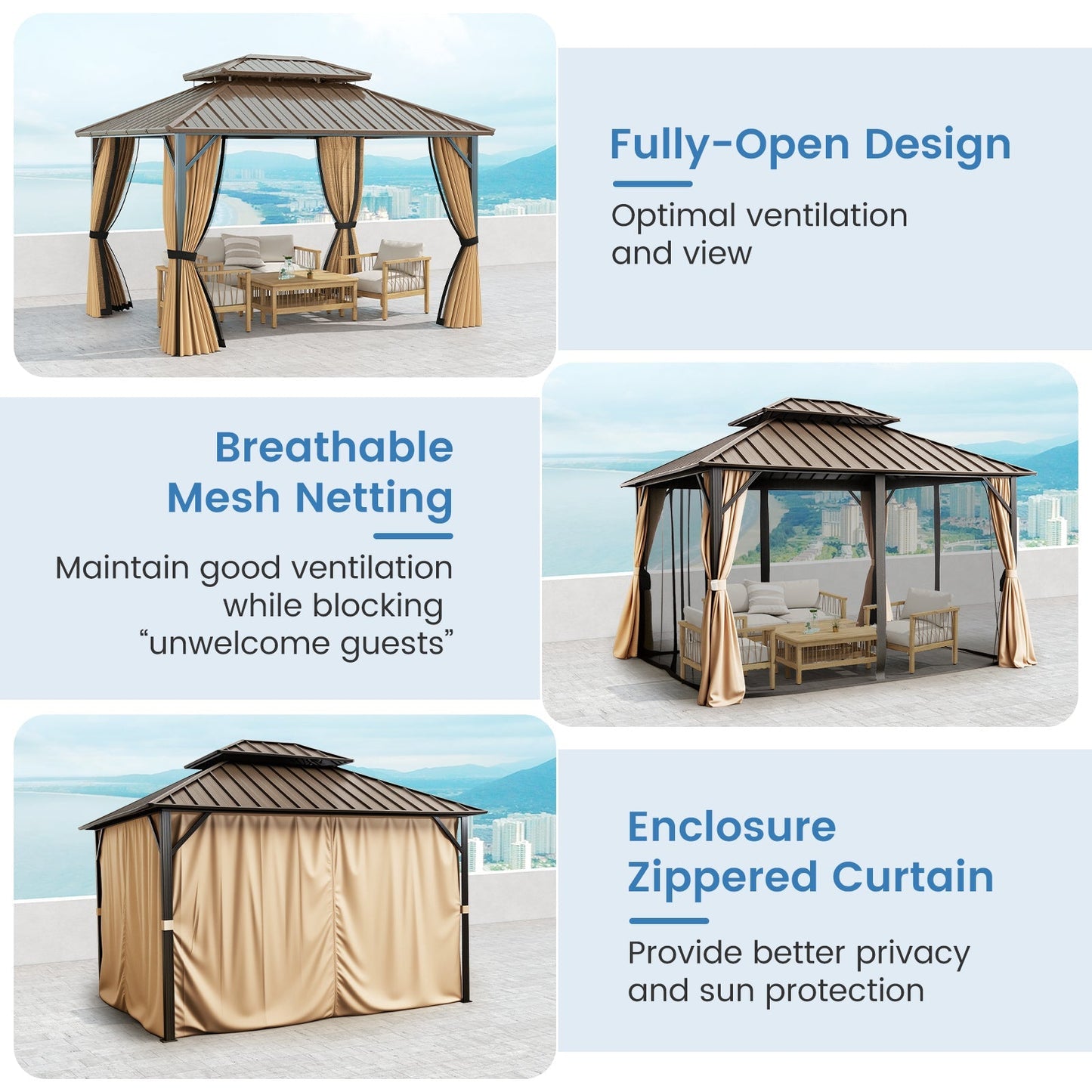 Hardtop Gazebo 10x10 ft with Netting and Curtains