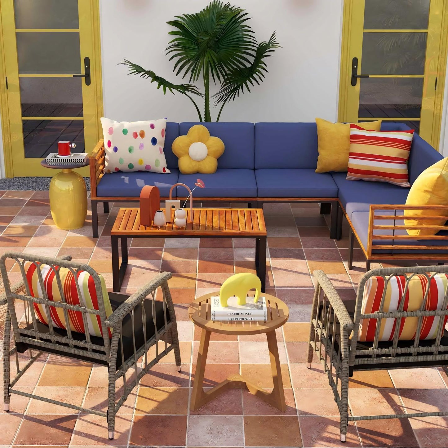Patio Furniture Set: Patio Dining Set+Teak Wood Side Table+3 Pieces Patio Rattan Bistro Set