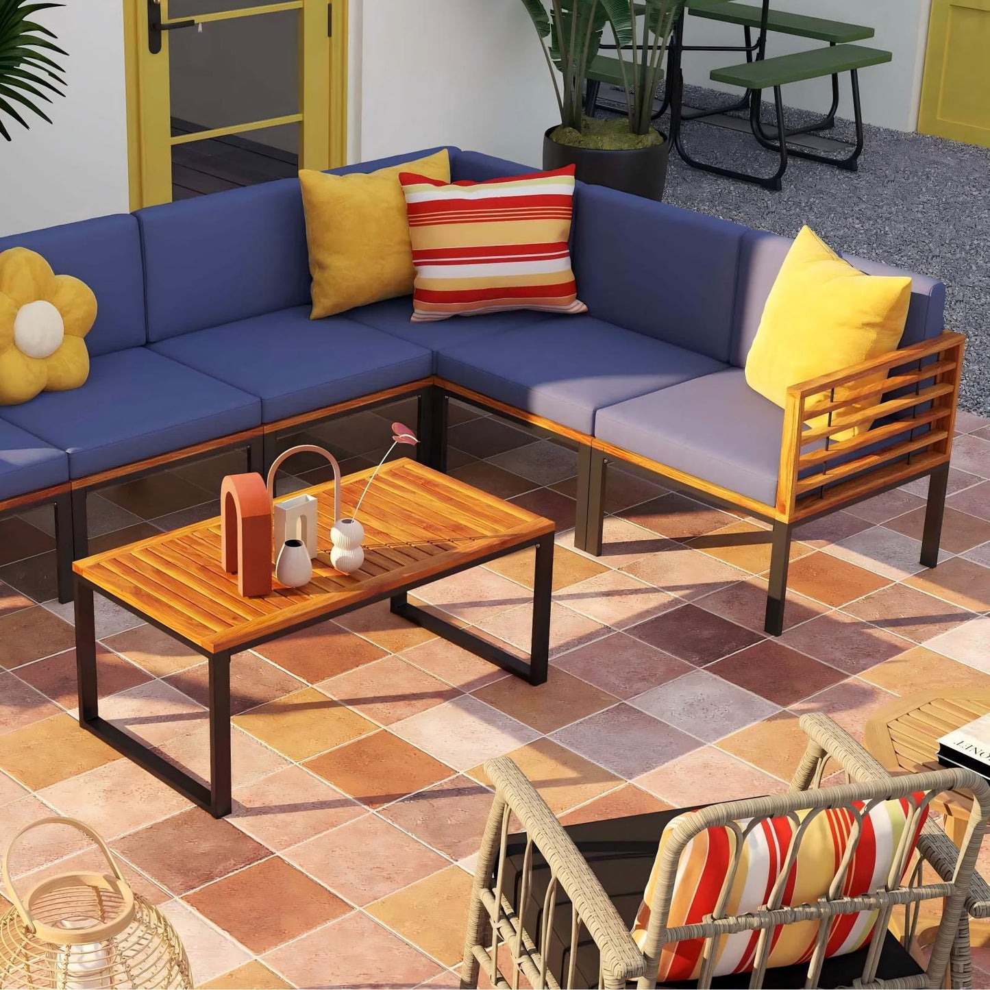 Patio Furniture Set: Patio Dining Set+Teak Wood Side Table+3 Pieces Patio Rattan Bistro Set