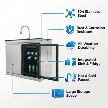 Sink and Fridge Combo for Outdoor Kitchen, 70L Refrigerator and Sink with Pull-Down Faucet