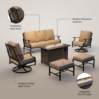 Black Metal Meshed 7 Seat 6-Piece Steel Outdoor Fire Pit Patio Set with Beige Cushions, Black Rectangular Fire Pit Table — Lifestyle