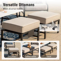 Black Metal Meshed 7 Seat 6-Piece Steel Outdoor Fire Pit Patio Set with Beige Cushions, Black Rectangular Fire Pit Table