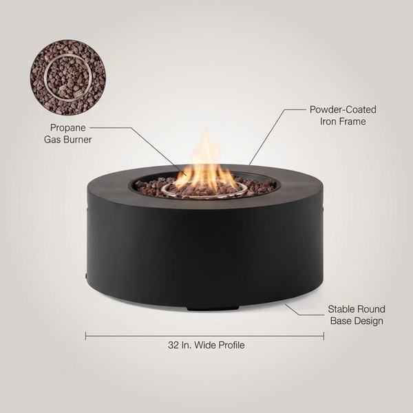 32 In. W X 13.5 In. H Iron Propane Gas Burning round Outdoor Patio Fire Pit in Dark Grey