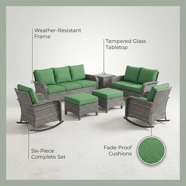 Patio Furniture Set 6-Piece Outdoor Patio Conversation Set with Green Cushions Lawn Furniture