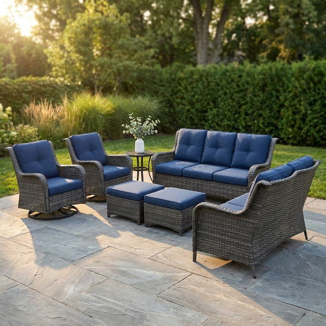 Patio Furniture Set 6-Piece Outdoor Patio Conversation Set with Blue Cushions Lawn Furniture — Studio Shot