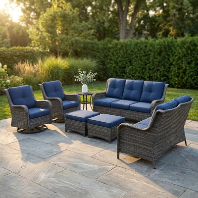 Patio Furniture Set 6-Piece Outdoor Patio Conversation Set with Blue Cushions Lawn Furniture