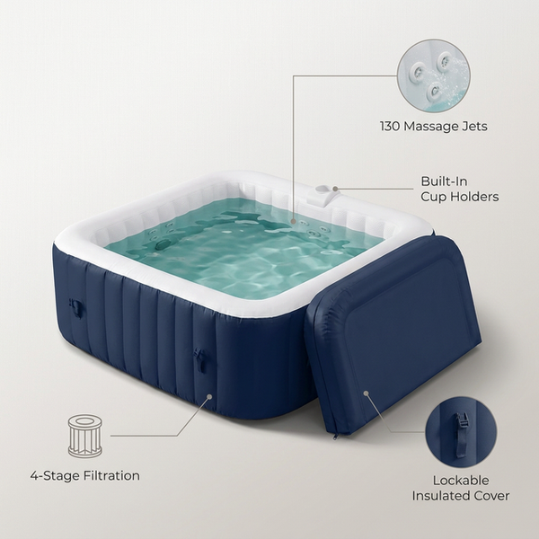 Hot Tub for 4-6 Person,  Outdoor Patio Large Inflatable Hot Tub Home SPA, with 130Pcs Massage Jets, 910L, 4 Filters, 2 Cup Holders, Lockable Cover, Storage Bag, Max 104℉, 73In, Navy