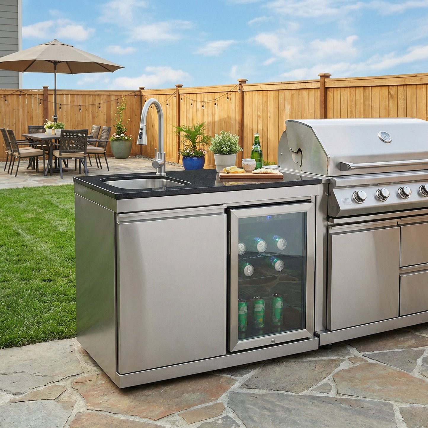 Sink and Fridge Combo for Outdoor Kitchen, 70L Refrigerator and Sink with Pull-Down Faucet