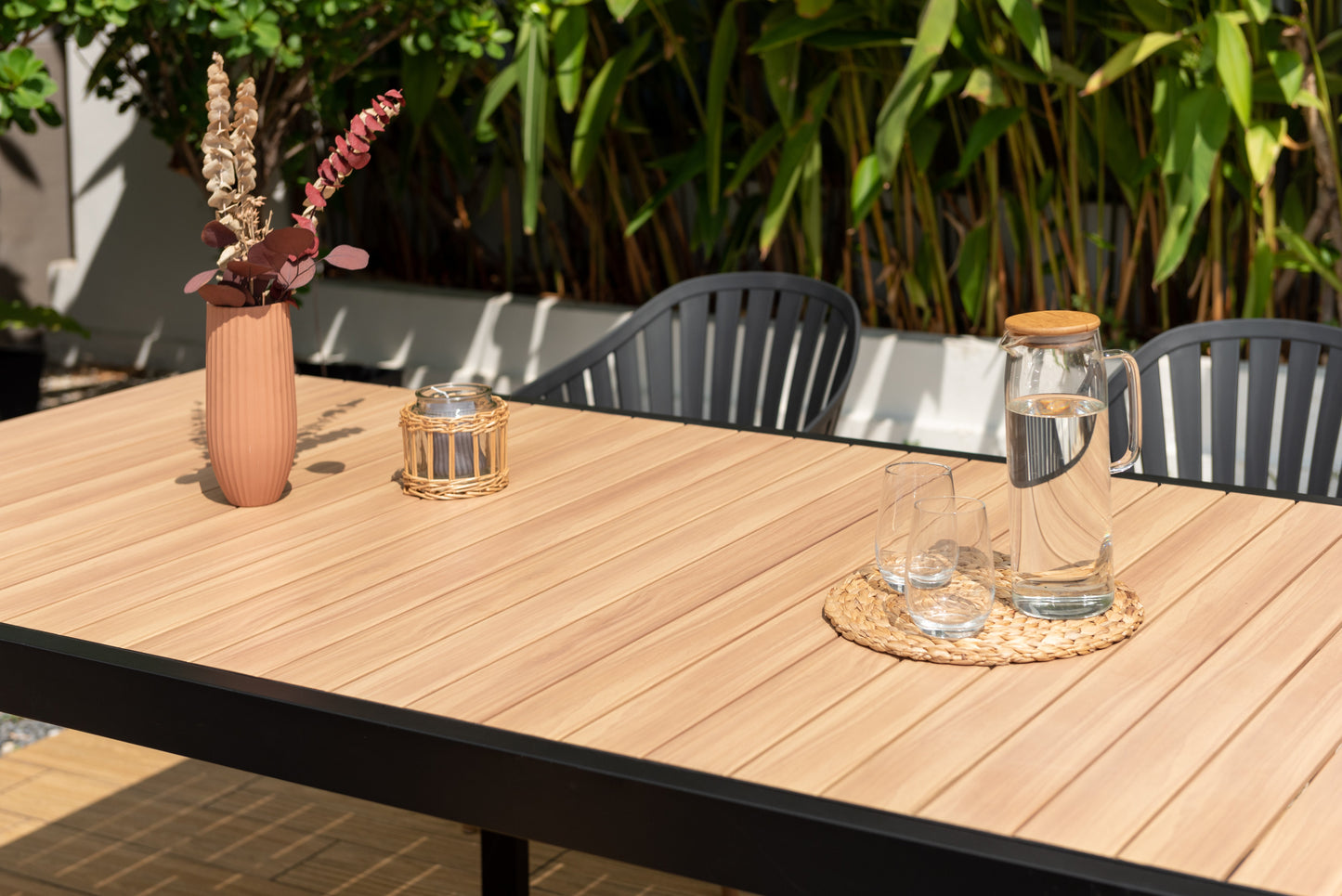 Portals Dark Rectangular Teak Table and 6 Nassau Black Aluminum Dining Set