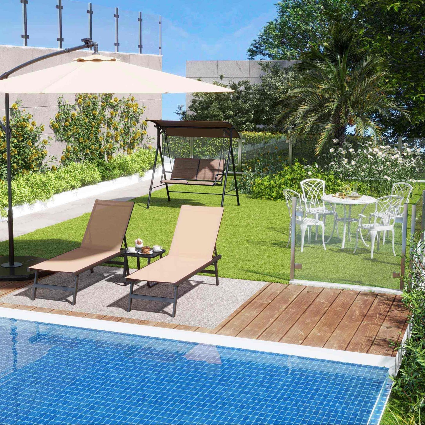 8-Piece Outdoor Furniture Set-Solar Umbrella Bistro Set Conversation Set Chaise Lounger Folding Bed Side Table Swing Chair & Dining Set