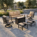 Black Metal Meshed 7 Seat 6-Piece Steel Outdoor Fire Pit Patio Set with Beige Cushions, Black Rectangular Fire Pit Table