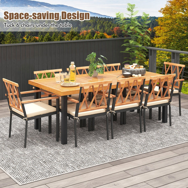 9 Pieces Patio Dining Set 39.5 Inch Acacia Wood Table with Umbrella Hole and 22.5-Inch Wide Chairs