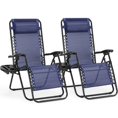 JHK Zero Gravity Set of 2 Portable Recliner Camping Patio Outdoor Garden Lounge Chair with Cup Holder Trays Adjustable Pillow