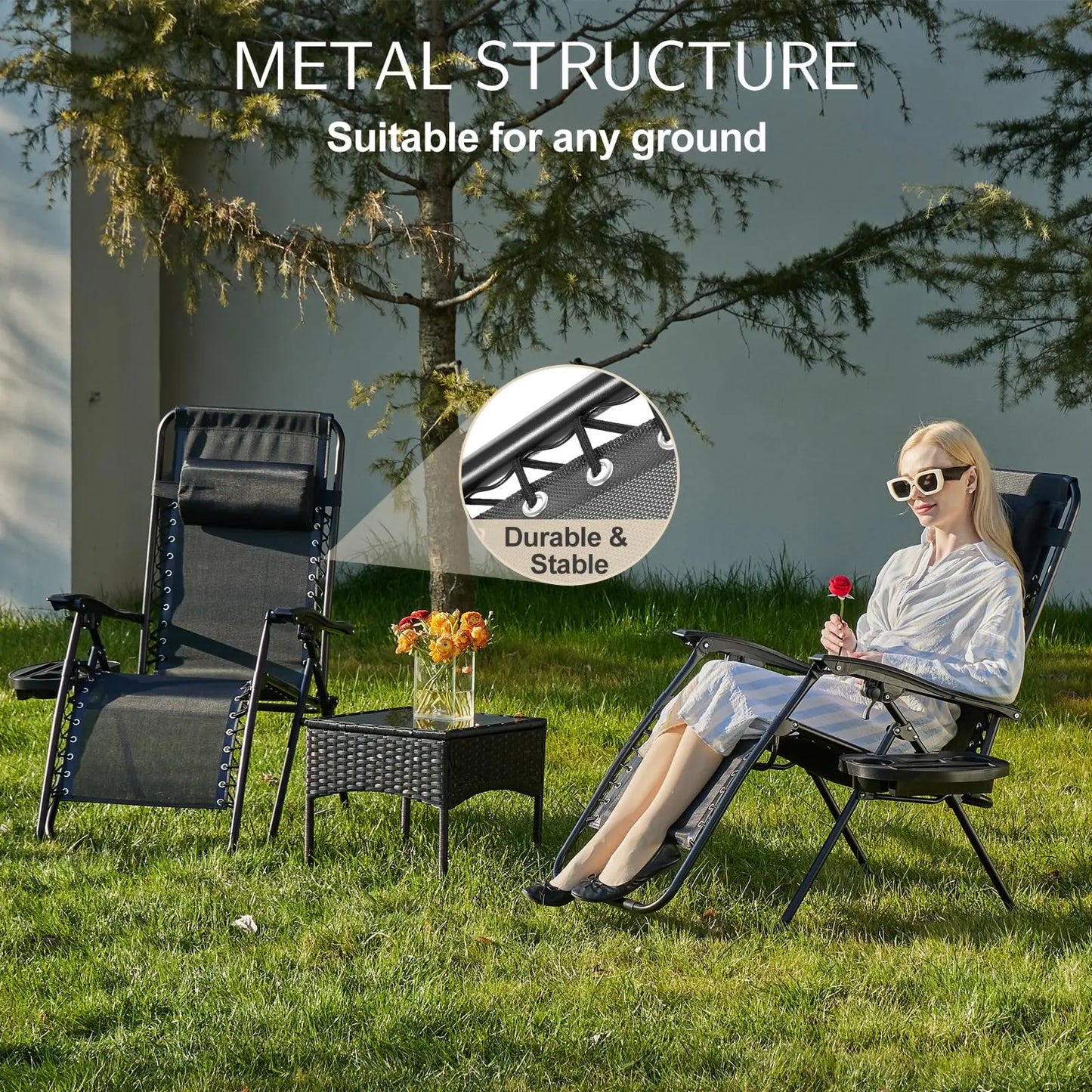 JHK Zero Gravity Set of 2 Portable Recliner Camping Patio Outdoor Garden Lounge Chair with Cup Holder Trays Adjustable Pillow
