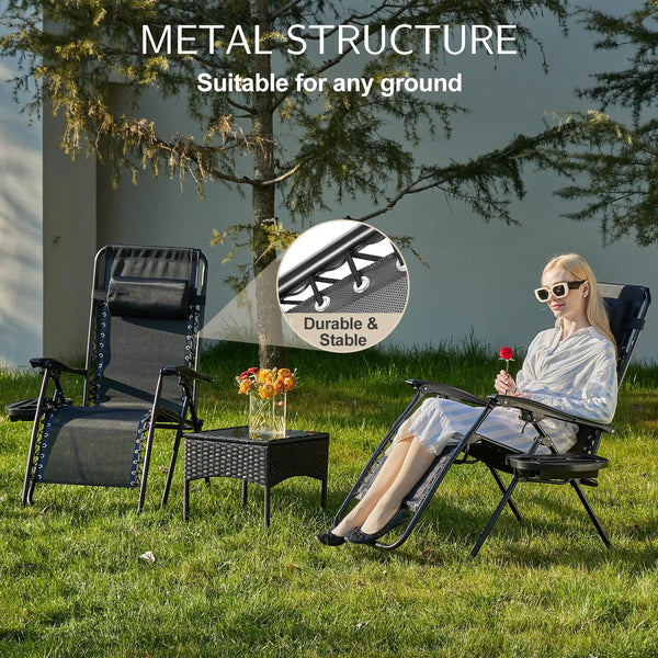 JHK Zero Gravity Set of 2 Portable Recliner Camping Patio Outdoor Garden Lounge Chair with Cup Holder Trays Adjustable Pillow