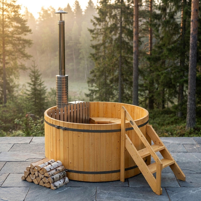 Wood Fired 4-Person to 5-Person 0-Jet Hot Tub and Ice Bath with Internal Stove Pine — Studio Shot