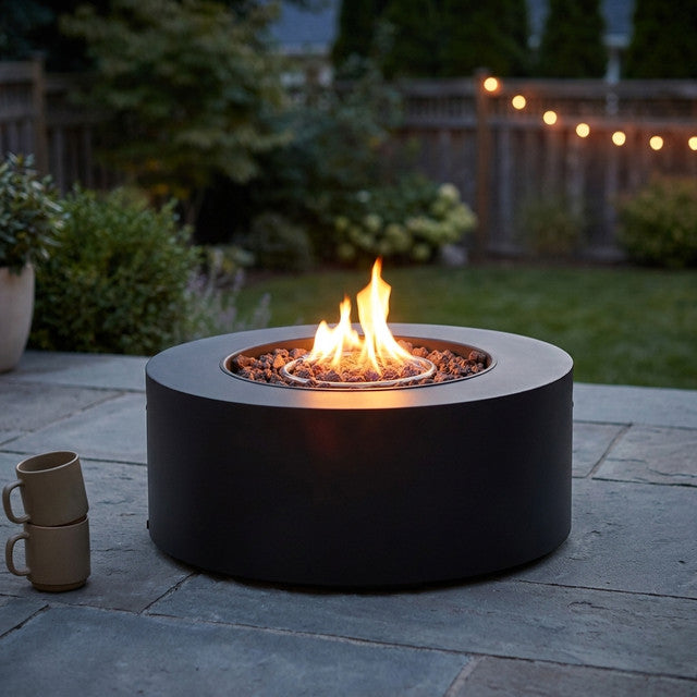 32 In. W X 13.5 In. H Iron Propane Gas Burning round Outdoor Patio Fire Pit in Dark Grey — Studio Shot