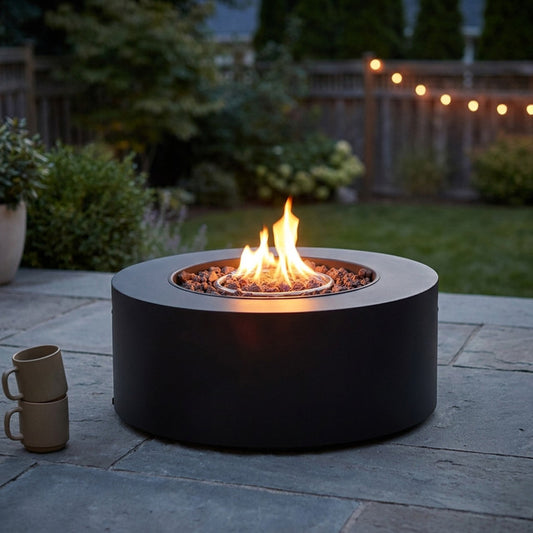 32 In. W X 13.5 In. H Iron Propane Gas Burning round Outdoor Patio Fire Pit in Dark Grey — Studio Shot