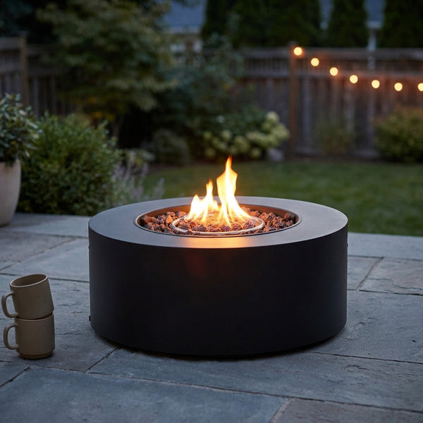 32 In. W X 13.5 In. H Iron Propane Gas Burning round Outdoor Patio Fire Pit in Dark Grey — Studio Shot