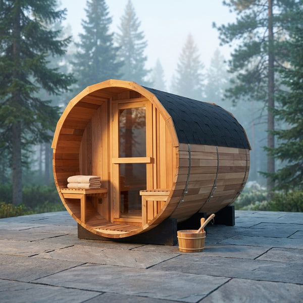 6-Person Patchworkred Cedar Traditional Steam Barrel Sauna — Studio Shot