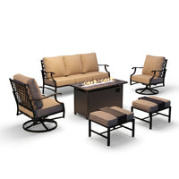 Black Metal Meshed 7 Seat 6-Piece Steel Outdoor Fire Pit Patio Set with Beige Cushions, Black Rectangular Fire Pit Table — Studio Shot