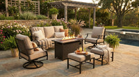 Black Metal Meshed 7 Seat 6-Piece Steel Outdoor Fire Pit Patio Set with Beige Cushions, Black Rectangular Fire Pit Table — Lifestyle