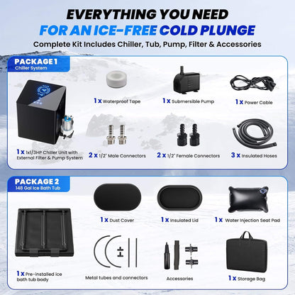 FCP Premium 2XL 148 Gal Cold Plunge Tub Kit With 1/3 HP Chiller, Filter, And Pump (SAK70245)